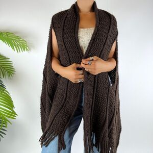 Vintage 90s Brown Fairy Grunge Chunky Knit Cottagecore Poncho Shawl / Size: S